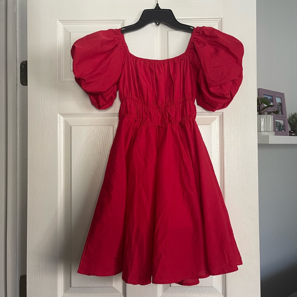 Off shoulder puff sleeve red dress